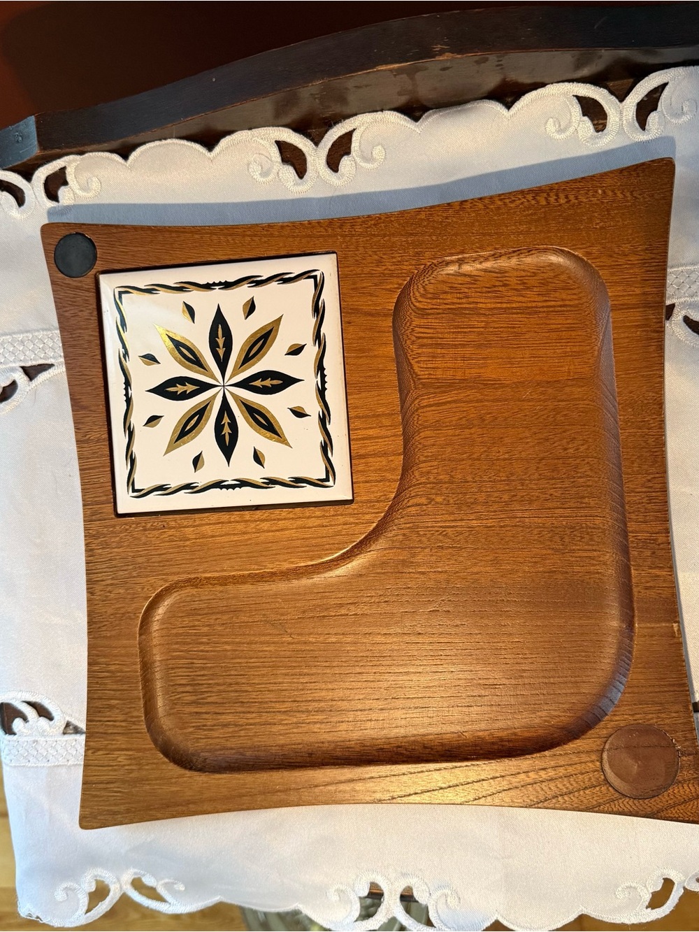 MCM Wooden Serving Tray with Decorative Tile Accent - Brown & White